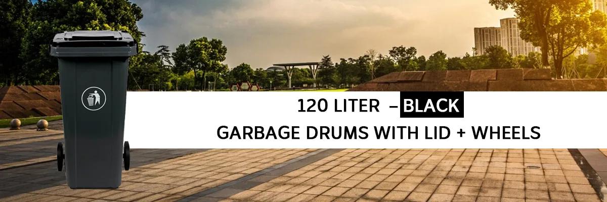 120Ltr - Black - Garbage Drums with Lid + Wheels