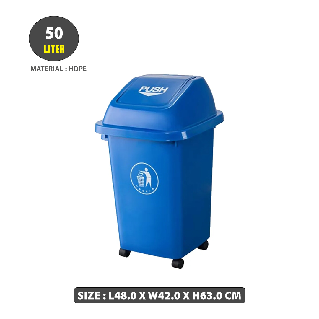garbage-bin-with-moving-lid-blue-3 Garbage Container with Push Lid + Wheels – 50Ltrs – Blue